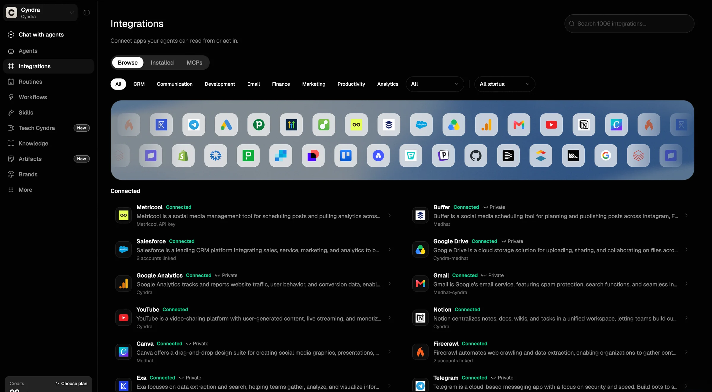The Cyndra Integrations page: a searchable directory of 1,006 apps, with Salesforce, Gmail, Google Drive, Notion, YouTube, Canva and Telegram already connected.